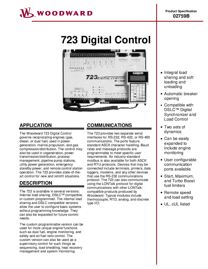 First Page Image of 8280-206 Woodward 723 Digital Control Product Spec 02759B.pdf